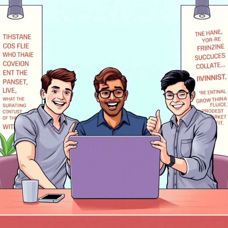 A vibrant illustration of a startup team celebrating success, gathered around a laptop showing positive growth charts in a modern office with motiv...