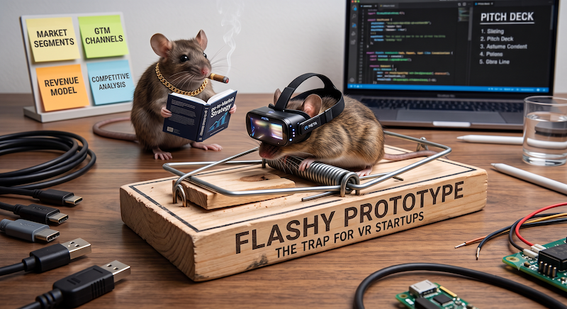 A mouse wearing a VR headset, sitting on an untrapped mouse trap labeled "flashy prototype", while a successful baller mouse looks on, reading a go-to-market strategy book