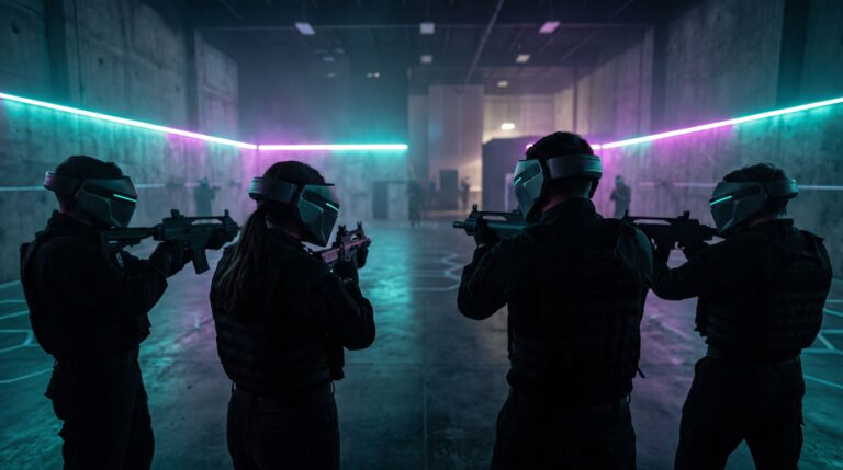 Four players wearing VR headsets aiming rifle controllers in a dark free-roam VR arena lit with teal and magenta lighting