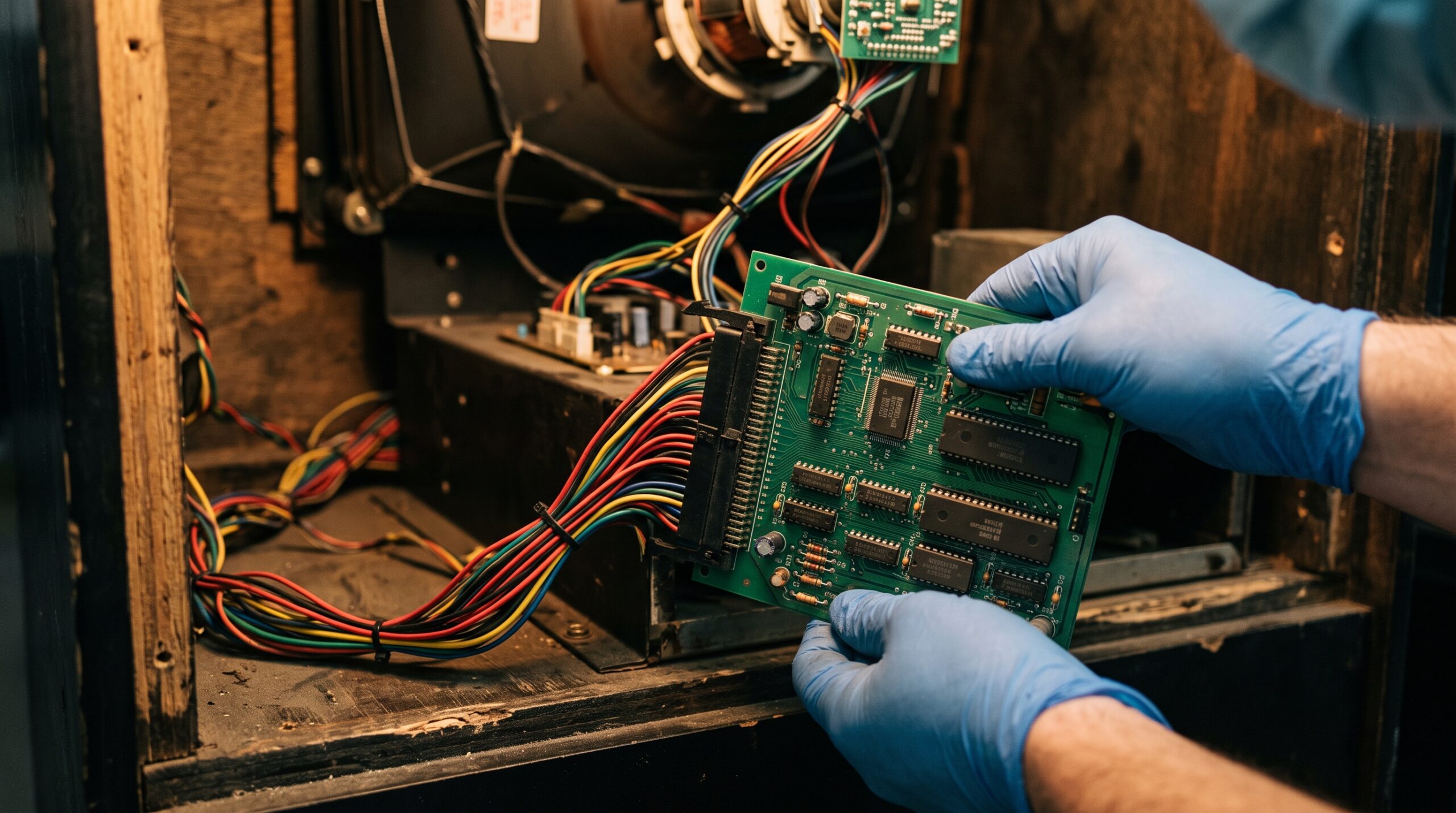 A technician slides an arcade game circuit board into the wiring connector inside an open 1980s arcade cabinet